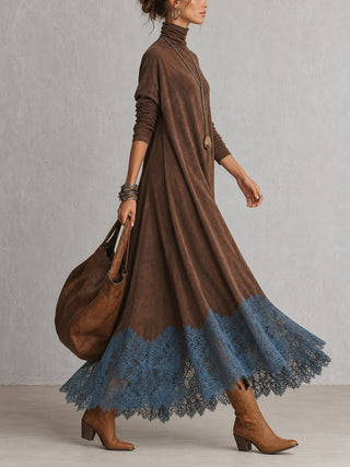 PIERA | Long Dress with Suede Effect and Lace Hem