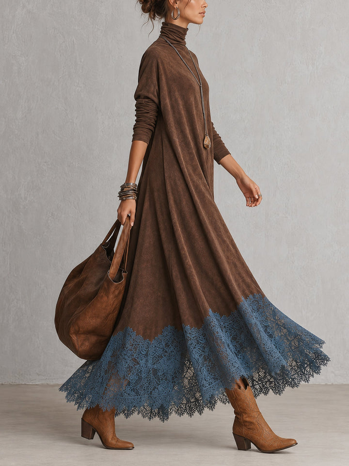 PIERA | Long Dress with Suede Effect and Lace Hem