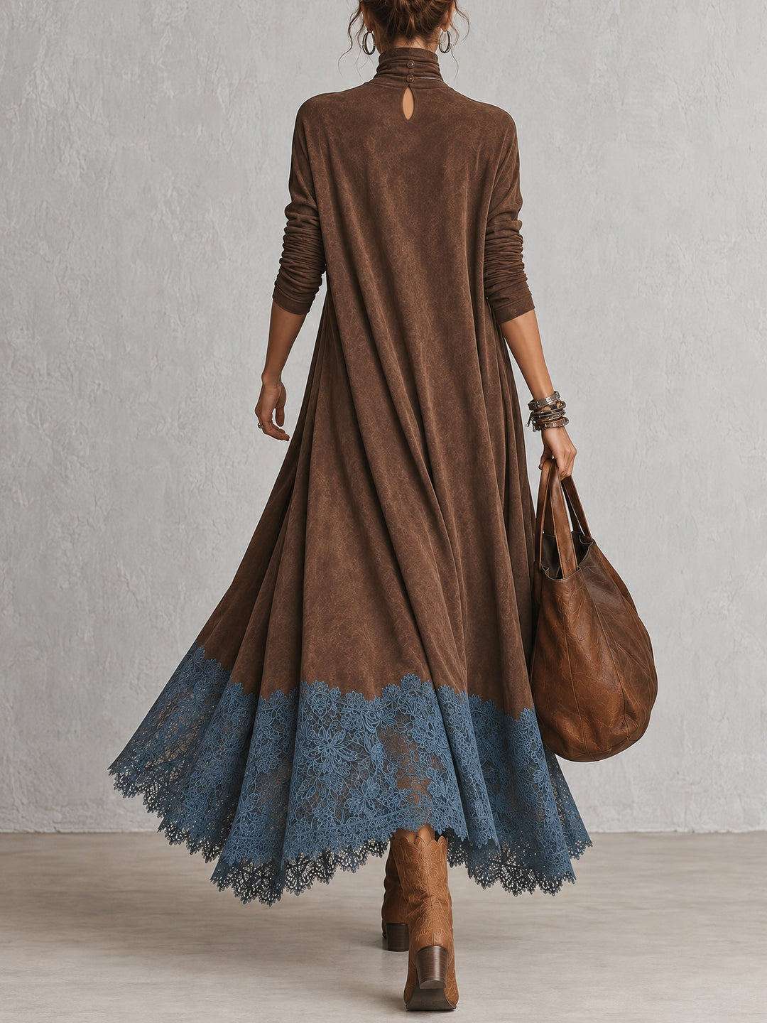 PIERA | Long Dress with Suede Effect and Lace Hem