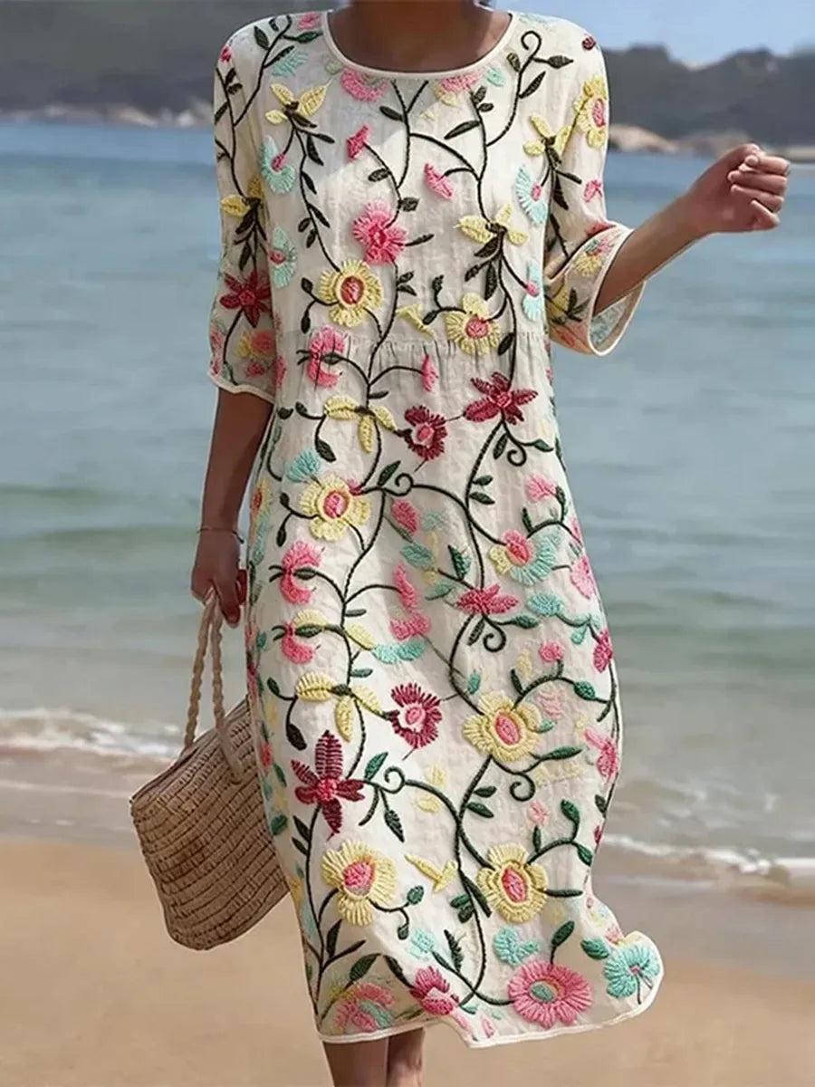 Erva | Feminine Midi Dress with Colourful Florals