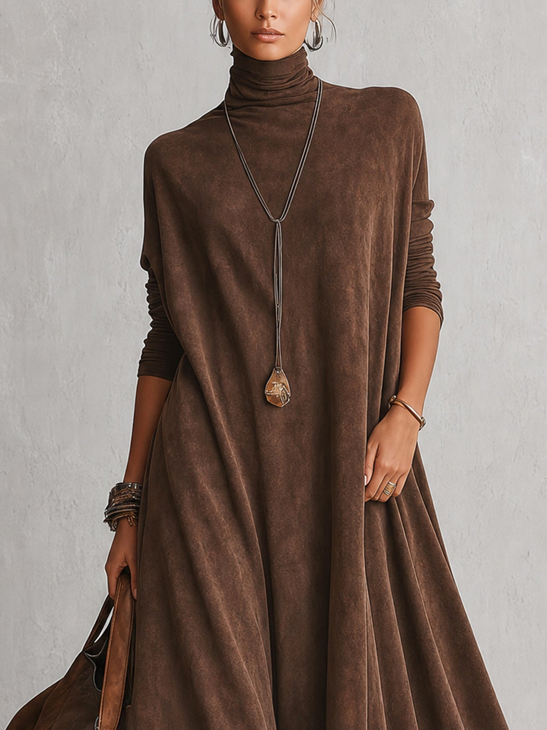 PIERA | Long Dress with Suede Effect and Lace Hem