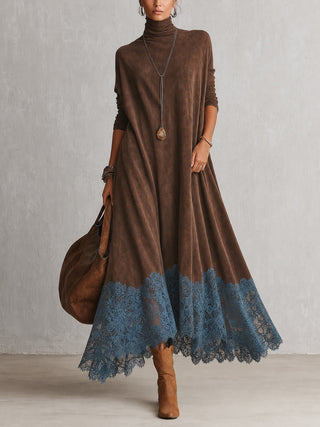 PIERA | Long Dress with Suede Effect and Lace Hem