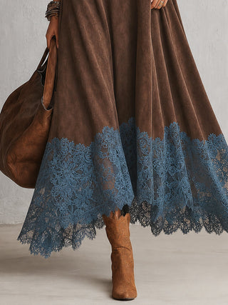 PIERA | Long Dress with Suede Effect and Lace Hem