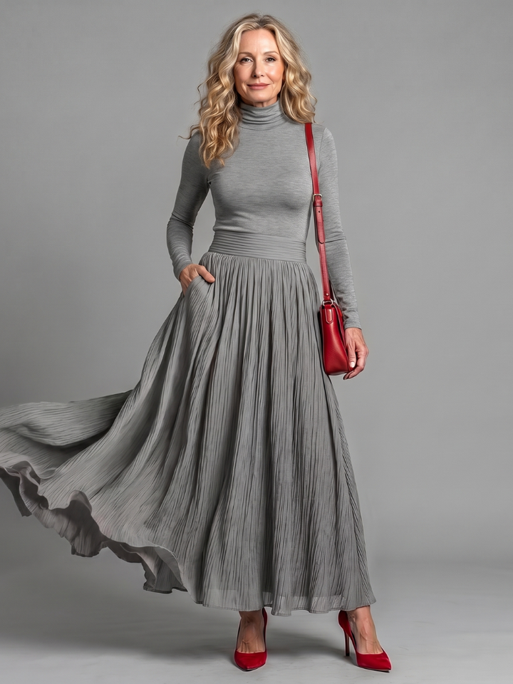 Emmeline | Elegant Pleated Turtleneck Maxi Dress