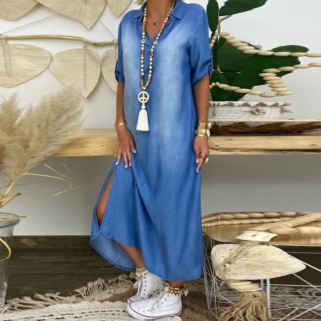 Daniela | Long Denim-Look Dress with Side Slit