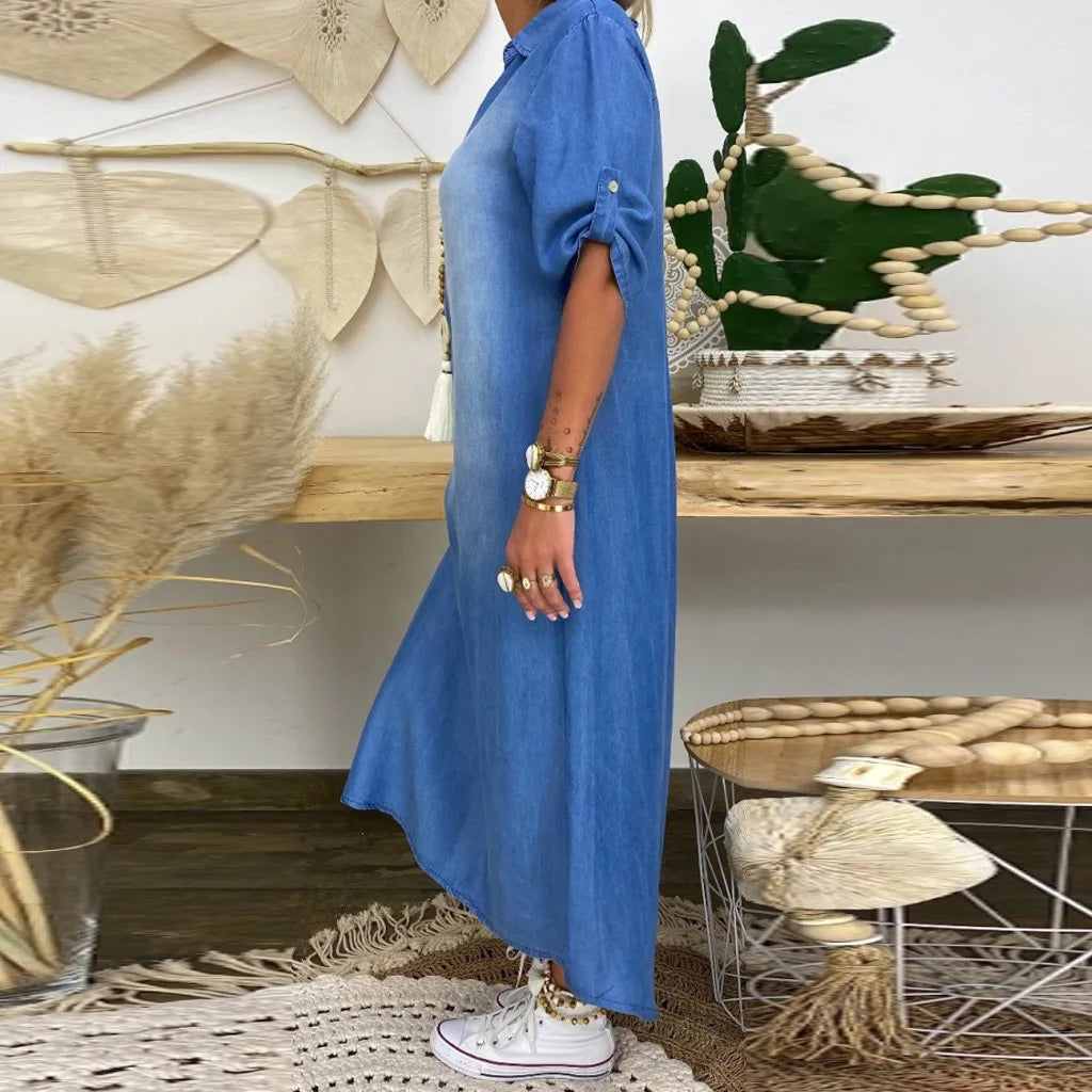 Daniela | Long Denim-Look Dress with Side Slit
