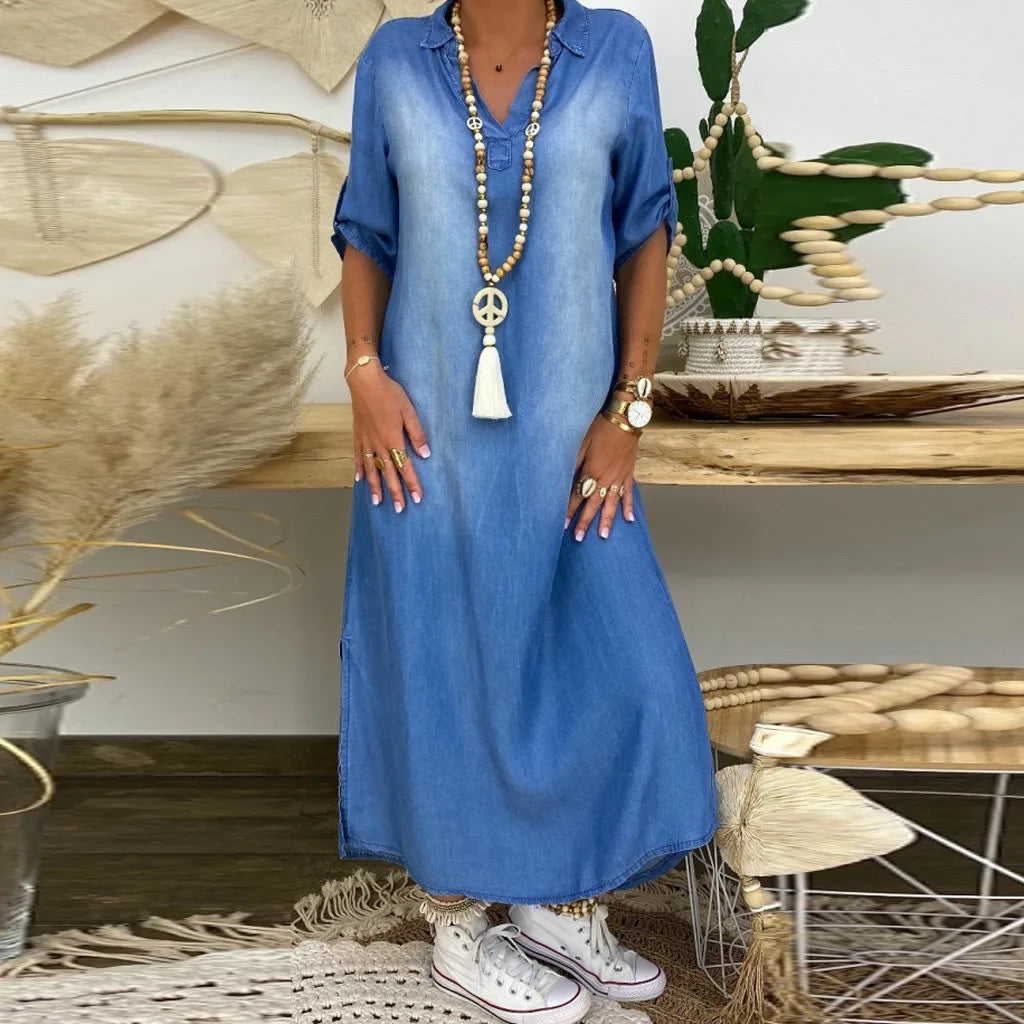 Daniela | Long Denim-Look Dress with Side Slit