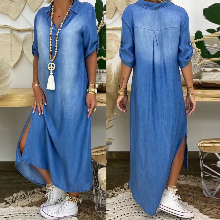 Daniela | Long Denim-Look Dress with Side Slit