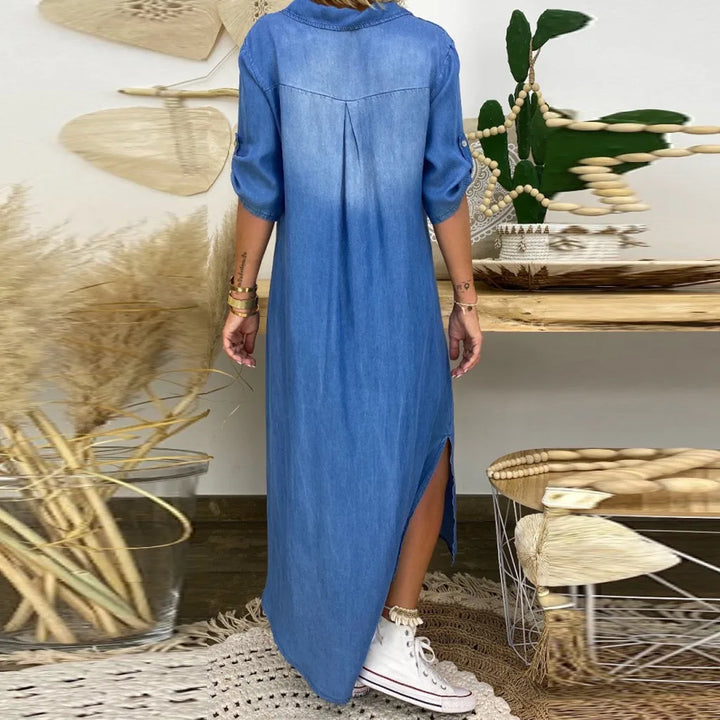 Daniela | Long Denim-Look Dress with Side Slit