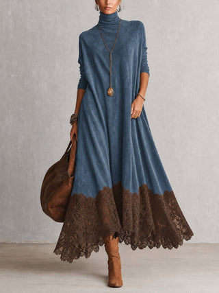 PETRA | Long Dress with Suede Effect and Lace Hem