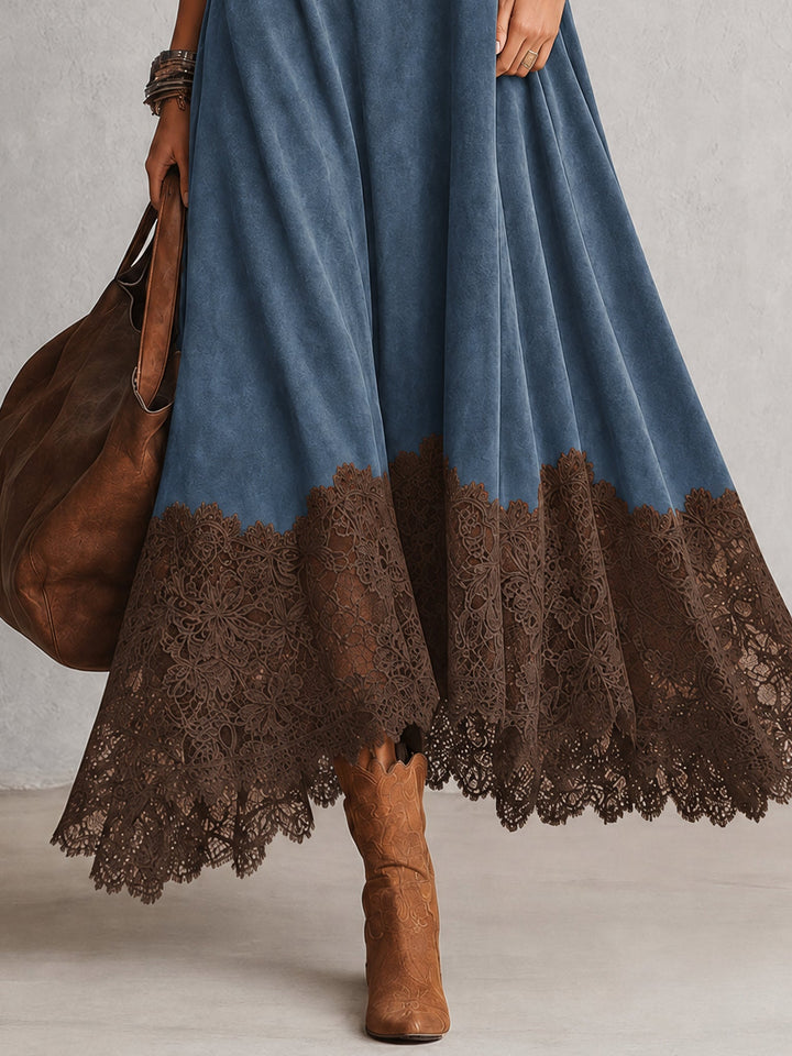 PETRA | Long Dress with Suede Effect and Lace Hem