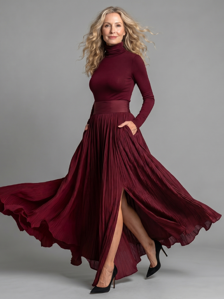 Emmeline | Elegant Pleated Turtleneck Maxi Dress