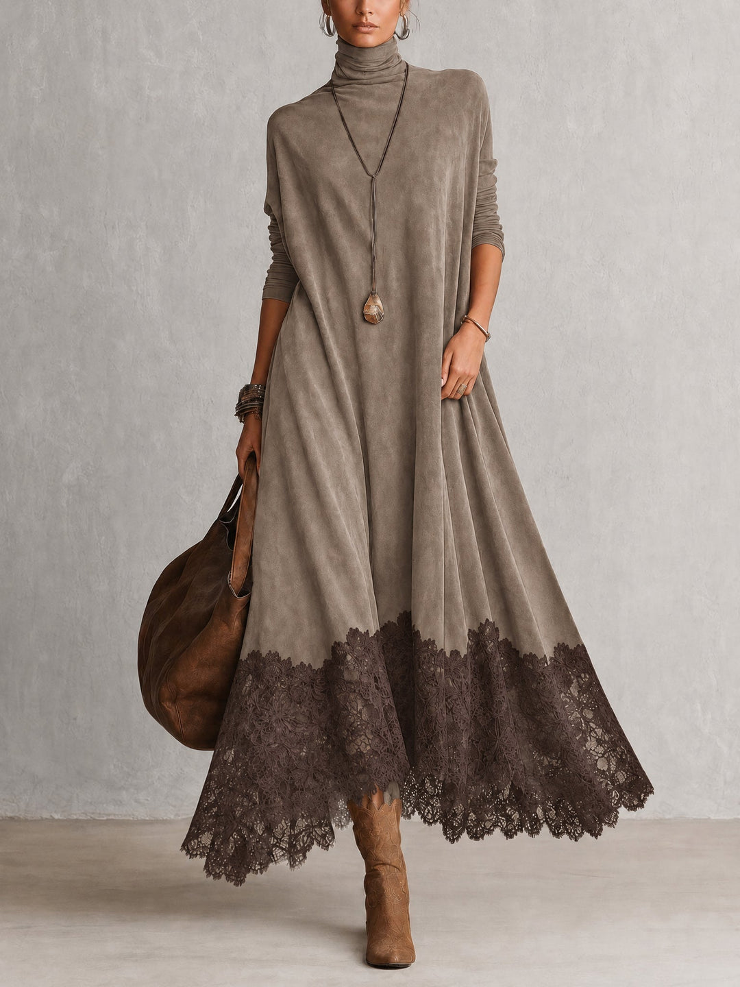 PORZIA | Long Suede Effect Dress with Lace Hem