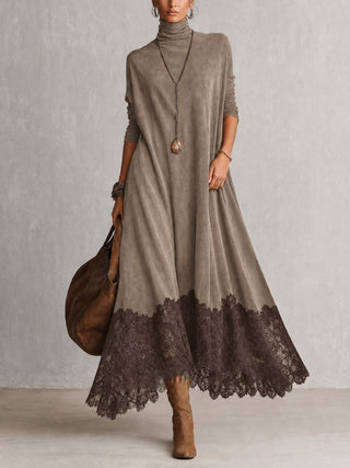 PORZIA | Long Suede Effect Dress with Lace Hem