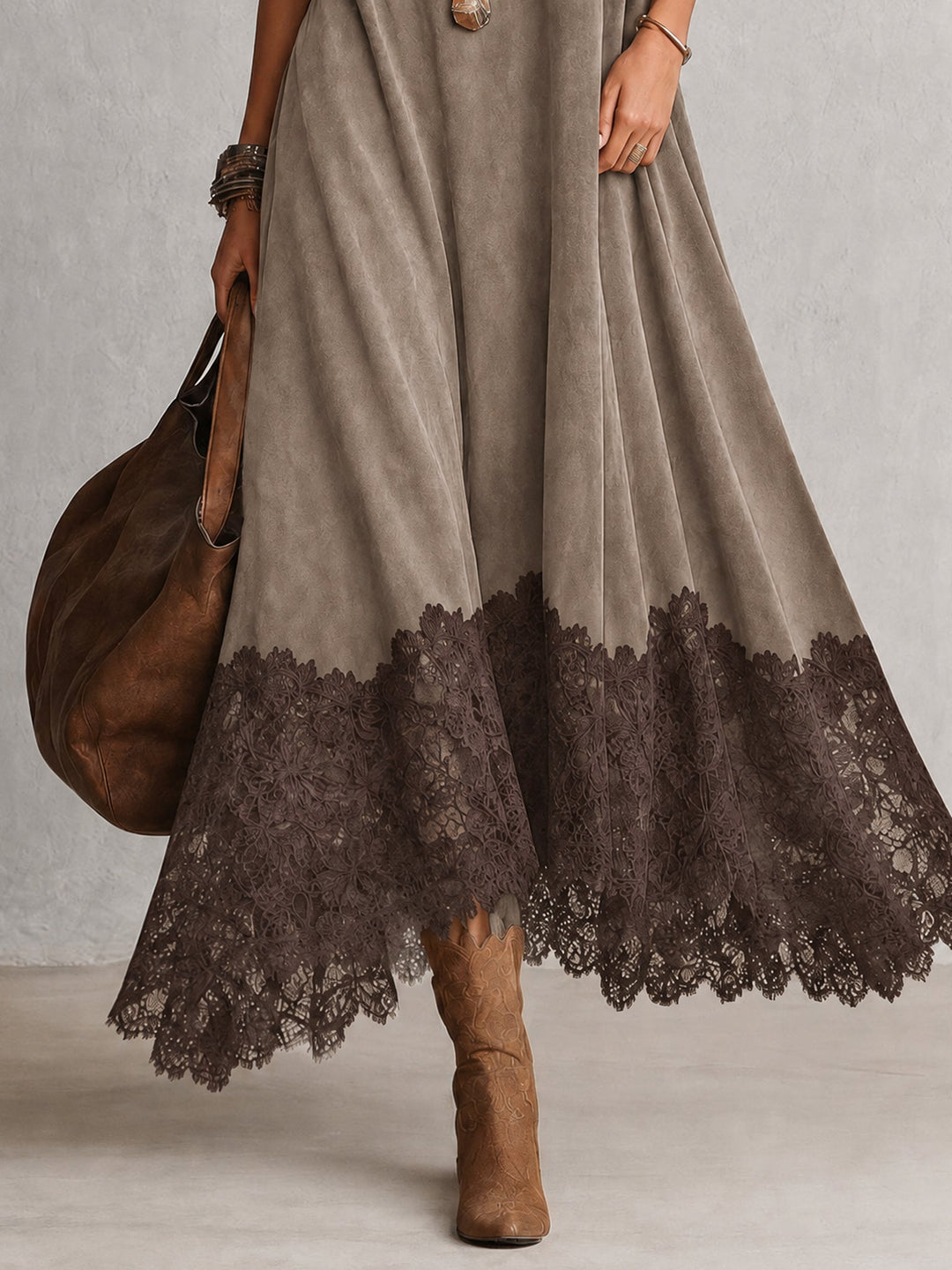 PORZIA | Long Suede Effect Dress with Lace Hem