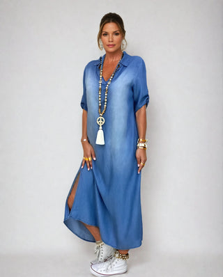 Daniela | Long Denim-Look Dress with Side Slit