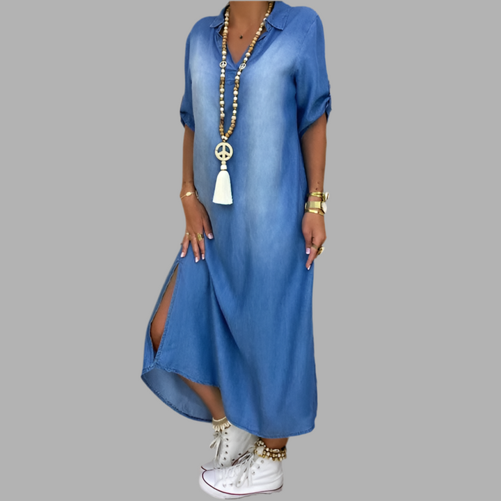 Daniela | Long Denim-Look Dress with Side Slit
