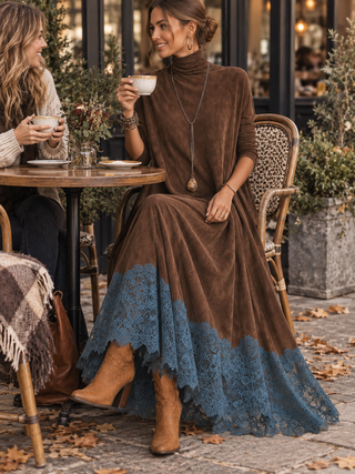 PIERA | Long Dress with Suede Effect and Lace Hem